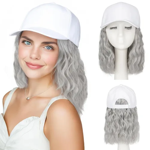 Vista 13 de SEGO Gorra de béisbol con extensiones de cabello para mujer, resistente al calor, pelo sintético unido corto y recto, peluca de gorra de béisbol