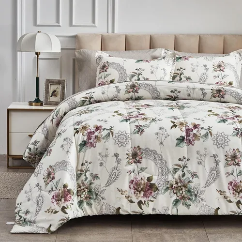 Vista 2 de Juego de edredón de 7 piezas tamaño Queen, diseño floral beige, de microfibra suave, para todas las estaciones