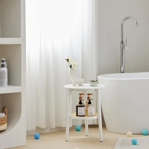 Vista 7 de Apicizon 2 Tier Round Side Table, White Rattan Nightstand Bedside Table with Storage, Boho End Table for Living Room, Bedroom, Small Spaces, Easy