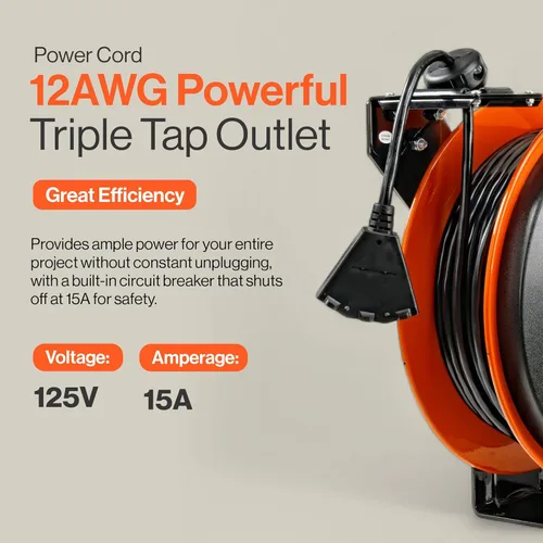 Vista 2 de SuperHandy - Carrete de cable de extensión retráctil 12 AWG x 80 pies, 3C SJTOW, cable de triple conector de toma, clasificación de potencia 125