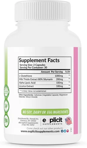 Vista 6 de eXplicit Supplements Suplemento para blanquear la piel, glutatión de 1000 mg, aclara y unifica los tonos de la piel, ayuda a aclarar manchas oscuras