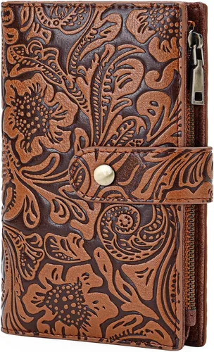 GOIACII Cartera de viaje para mujer, con bloqueo RFID, triple pliegue, con bolsillo con cremallera para monedas, A01 café, Classic