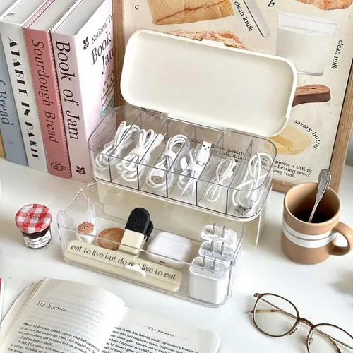 Vista 6 de RayHenry Caja organizadora de cables apilable de 2 piezas, caja de gestión de cables de escritorio para cargadores, joyas, lazos para el cabello