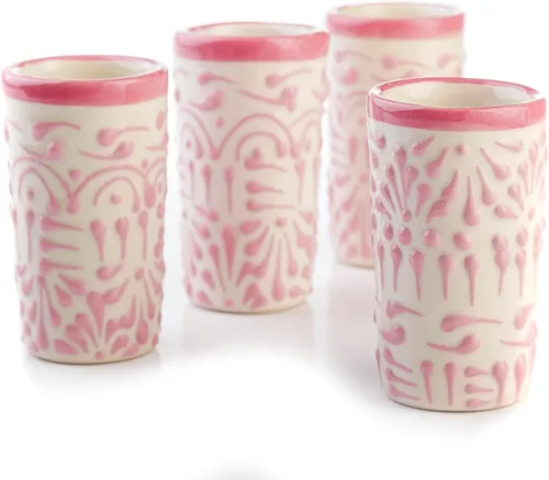 Vista 12 de Juego de 4 vasos de chupito Talavera auténticos mexicanos para tequila - Pintados a mano - 2 Oz (Talavera colorida)