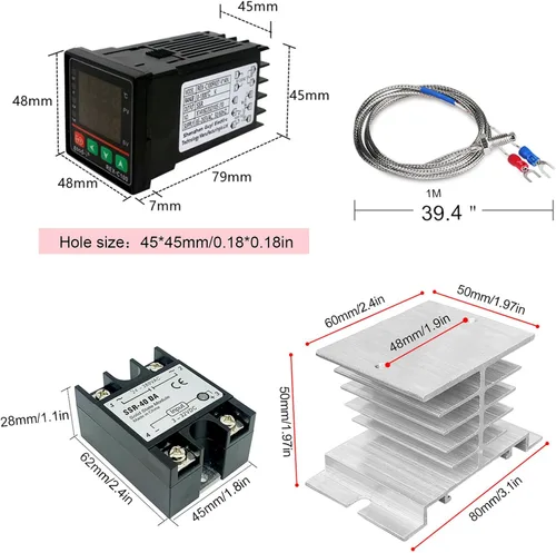 Vista 4 de Controlador de temperatura PID, pantalla digital REX-C100 Caja de controladores de temperatura con relé de estado sólido SSR 40DA y sonda termopar