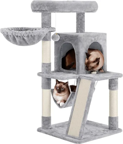 Vista 10 de Yaheetech Torre de árbol para gatos, condominio de 40 pulgadas con hamaca, plataforma suave de gran tamaño, tabla de rascar, canasta, camas