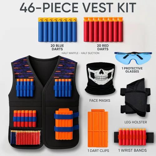 Vista 2 de JoyX Kit de chaleco táctico compatible con pistolas Nerf para niños, serie N-Elite con 40 dardos de espuma para pistola, equipo de acción protectora