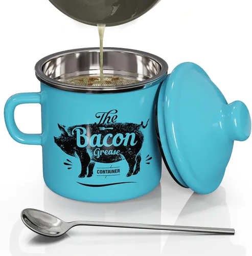 Vista 11 de PGYARD Mini Recipiente para Grasa de Tocino con Colador - Ahorrador de Grasa Esmaltado de 15 Onzas, Guardador de Grasa de Tocino Estilo Granja
