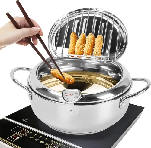 Vista 6 de Olla para freidora, 11 pulgadas/4.4 cuartos de galón, freidora de tempura japonesa con termómetro, olla freidora de acero inoxidable 304 para papas