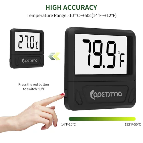 Vista 3 de capetsma Termómetro de acuario Termómetro digital para pecera, termómetro de reptil preciso Medidor de temperatura con pantalla LCD grande