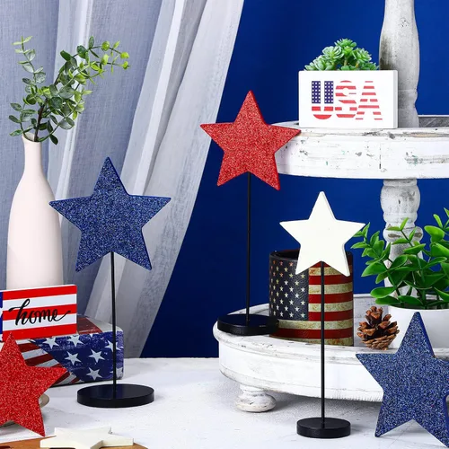 Vista 2 de Wesiti Juego de 6 piezas de centros de mesa patrióticos para decoración del 4 de julio, juego de bloques de estrella de pie alto de madera
