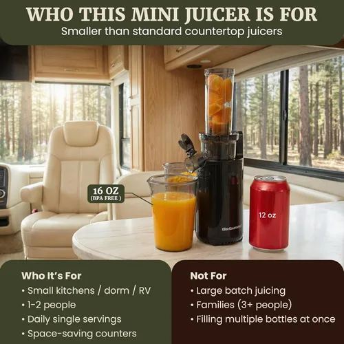 Vista 4 de Elite Gourmet EJX600 Exprimidor de zumo masticante compacto para espacios pequeños, exprimidor de prensa fría de zumo, rico en nutrientes