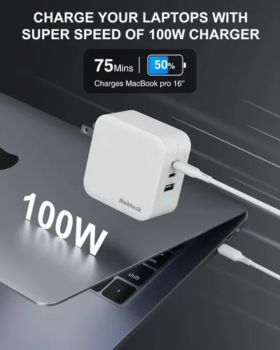 Vista 2 de Nekteck Cargador rápido USB C GaN de 100 W (3 puertos) - PD 3.0 y QC 3.0 Cargador de pared compacto para MacBook Pro/Air, iPhone 16/15/14, iPad