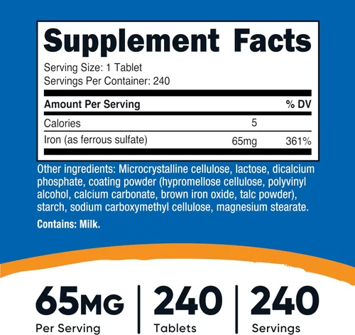 Vista 5 de Nutricost Hierro (Como Sulfato Ferroso) 65mg, 240 Tabletas - Sin OGM, Sin Gluten