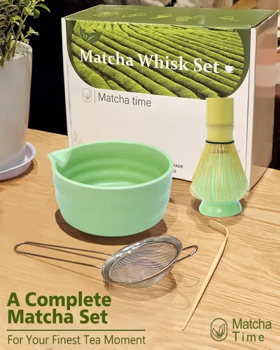 Vista 3 de Juego de batidor matcha Vaiheng con tazón de matcha, soporte de batidor de matcha, batidor de bambú de matcha, cuchara, tamizador, regalos únicos