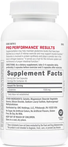 Vista 2 de GNC Pro Performance L-Glutamina, 90 cápsulas, apoya la recuperación muscular
