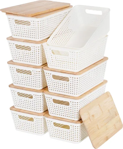 Vista 11 de Contenedores de almacenamiento pequeños con tapas, 6 unidades, cesta de almacenamiento de plástico con tapa de bambú para organización de despensa