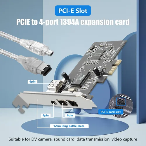 Vista 2 de Tarjeta PCIe Firewire 400, IEEE 1394a PCI Express Tarjeta PCIe de 4 puertos (3 x 6 pines y 1 x 4 pines), adaptador Firewire 400 para Windows