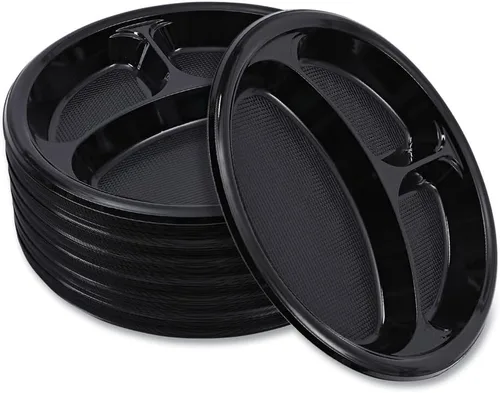 Vista 8 de Boardwalk BWKPLTHIPS10BL3 - Platos llanos de plástico de alto impacto de 3 compartimentos de 10 pulgadas de diámetro, color negro (500/caja)
