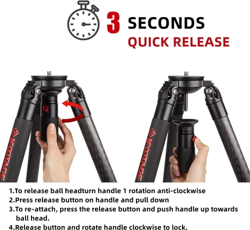 Vista 3 de IFOOTAGE Gazelle TC7 - Trípode para cámara de carbono, 61 pulgadas, 3 secciones con mango de liberación rápida, compatible con videocámara DSLR