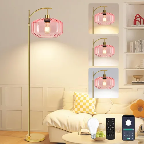 Lámparas de pie doradas para sala de estar, dormitorio, lámpara de pie de cristal con control remoto y pantalla rosa, lámpara de pie regulable de