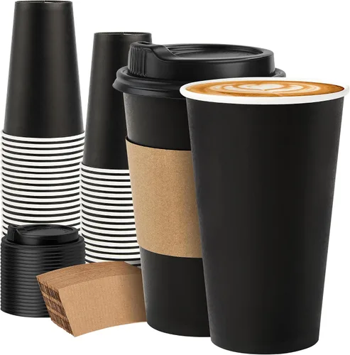 Vista 13 de METAPRINT - Paquete de 100 tazas de café desechables de 16 onzas con tapas Negro