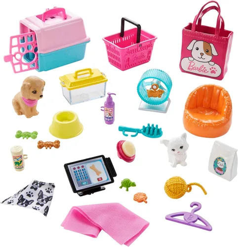 Vista 5 de Barbie - Muñeca (11.5 pulgadas, rubia) y set de juego de tienda de mascotas, con 4 mascotas, función de aseo, cambio de color y accesorios, gran