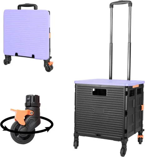 Vista 14 de Carrito plegable portátil con ruedas para compras, 4 ruedas giratorias con mango telescópico de plástico duradero y resistente, para viajes
