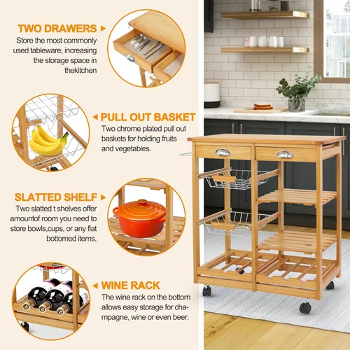 Vista 5 de Nova Microdermabrasion Carrito de isla de cocina con almacenamiento, mesa auxiliar con ruedas con 2 cajones, 3 estantes, ruedas con cerradura