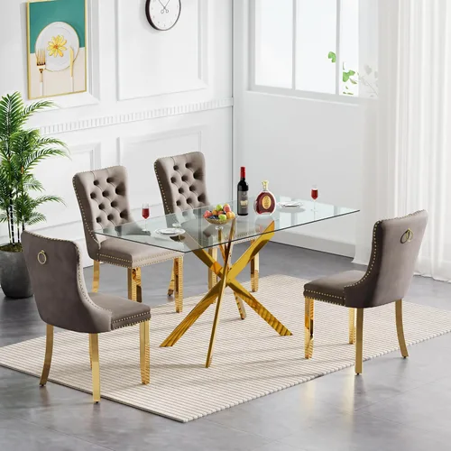 Vista 51 de SSLine Moderno juego de mesa de comedor de cristal dorado de 5 piezas para 4 mesas de cocina y sillas rectangulares de lujo de vidrio para 4, mesa