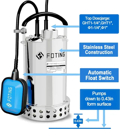 Vista 8 de FOTING Bomba de sumidero de acero inoxidable 304 completa con interruptor de flotador, bomba de agua sumergible automática de 1 HP 4600 GPH