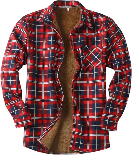 Vista 6 de Camisas casuales de franela de manga larga con botones y ajuste regular para hombre para otoño e invierno con forro polar Negro