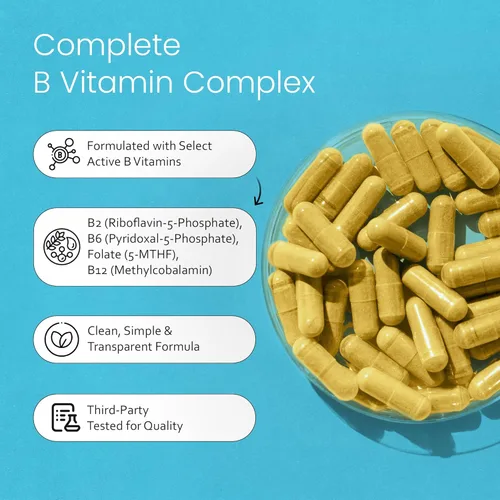 Vista 3 de NaturaLife Labs Complejo de vitamina B con vitamina C y ácido fólico – Incluye B1, B2, B3, B5, B6, B7, B9 y B12 – 100 cápsulas, vegano, sin OMG, sin