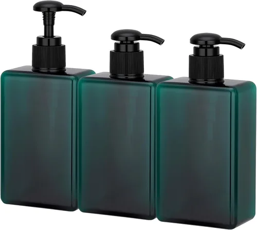 Vista 21 de Suream Dispensador de champú y acondicionador ámbar con bomba de plástico negro, botella de ducha recargable de 16.9 onzas para baño, recipiente