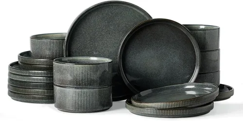 Vista 62 de famiware Juego de vajilla con estrellas, juego de platos y cuencos para 4, 12 piezas de vajilla acanalada - Resistente a las astillas y a