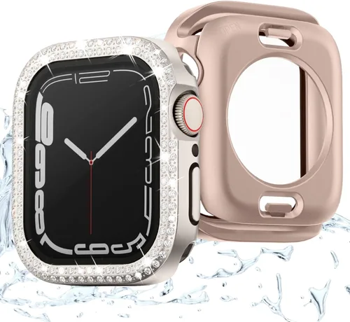 Vista 9 de Paquete de 2 fundas impermeables 2 en 1 para Apple Watch de 1.575 pulgadas (1.575 in) Series 6 SE 5 4 con protector de pantalla de vidrio templado