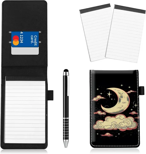 Vista 11 de Juego de 4 soportes para bloc de notas de tamaño de bolsillo, de piel sintética, mini bloc de notas con 2 bloc de notas pequeños y lápiz capacitivo