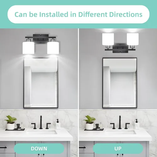 Vista 3 de SILAMPDI Lámparas de baño negras sobre el espejo, modernas luces de tocador de 2 luces, apliques de pared inoxidables para dormitorio, pasillo