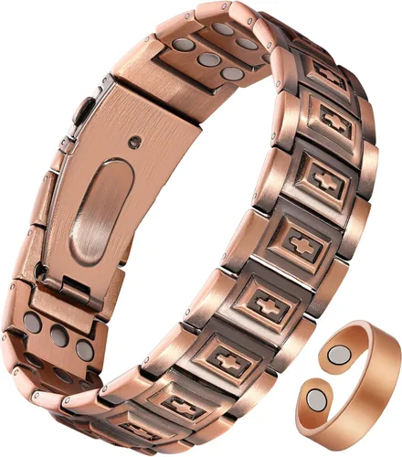 Vista 9 de Jecanori Pure Copper Bracelet & Ring for Men, 3X Strength Magnetic Bracelet with 3800 Gauss Magnets