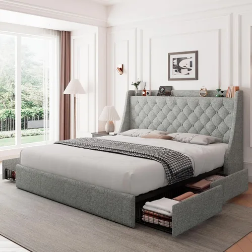 Vista 11 de Feonase - Base de cama tamaño Queen con 4 cajones de almacenamiento, cama tapizada con estación de carga, cabecera tapizada con respaldo abatido,