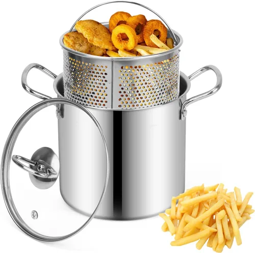Yummy Sam Olla pequeña de acero inoxidable de 3 cuartos de galón con cesta y tapa, freidora de tempura multifuncional, olla para pasta, con estante