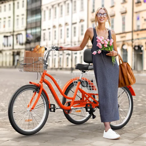 YITAHOME 24 & 26 Inch Adult Tricycle, 1 & 7 Speed 3 Wheel Bikes, Large Seat with Backrest Trike for Adults with Front & Rear Baskets, Cruiser Bike