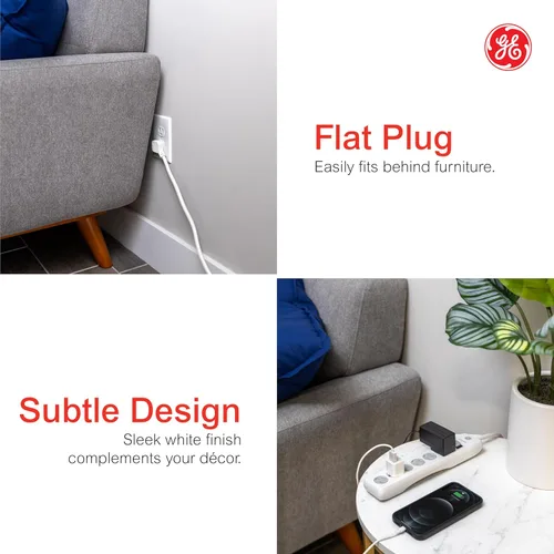 Vista 3 de GE Protector contra Sobretensiones Regleta de Enchufes, Cable de Extensión de 10 Pies, Extensor de 6 Tomas, 800 Julios, Enchufe Plano, Cubiertas