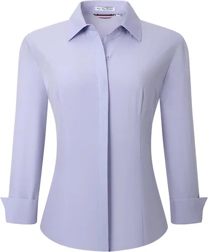 Vista 10 de Alex Vando Camisas de vestir para mujer, sin arrugas, ajuste regular, manga larga, elástica, camisa de trabajo