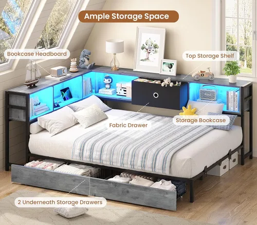 Vista 4 de Hasuit - Base de cama esquinera de tamaño matrimonial con cajones de almacenamiento y cabecera con estantería, plataforma de metal, estación