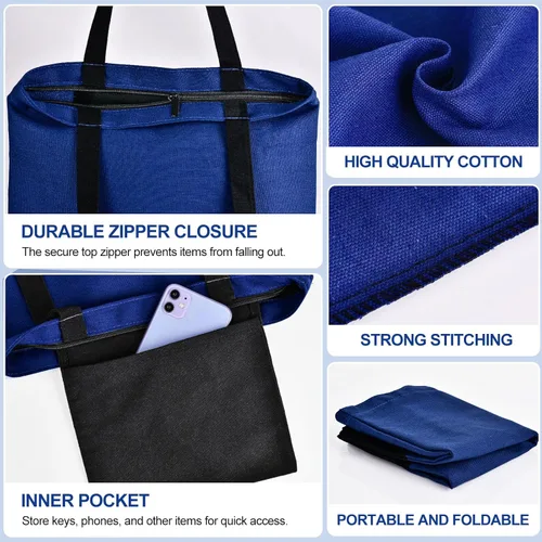 Vista 5 de Bolsa de lona con cremallera y bolsillo interior, bolsas de compras reutilizables para comestibles, bolsa de mano de moda