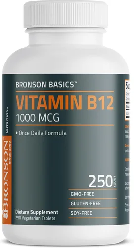 Vista 5 de Bronson Vitamina B12 1000mcg Fórmula una vez al día sin OMG, 250 tabletas vegetarianas