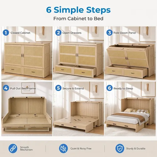 Vista 8 de Mjkone Murphy - Cama de gabinete con colchón plegable de tres piezas Madera natural