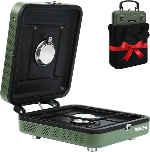 RexTact Estufa de campamento de 2 quemadores con bolsa de transporte, estufa de campamento de propano plegable con 17,200 BTU para campamento,