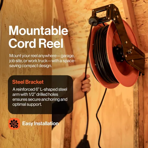 Vista 5 de SuperHandy - Carrete de cable de extensión retráctil 12 AWG x 80 pies, 3C SJTOW, cable de triple conector de toma, clasificación de potencia 125